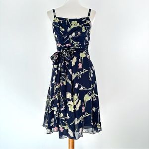 90s Vintage Elizabeth Wayman Floral Dress Size 10 Belted Wrap Navy Chiffon Flowy